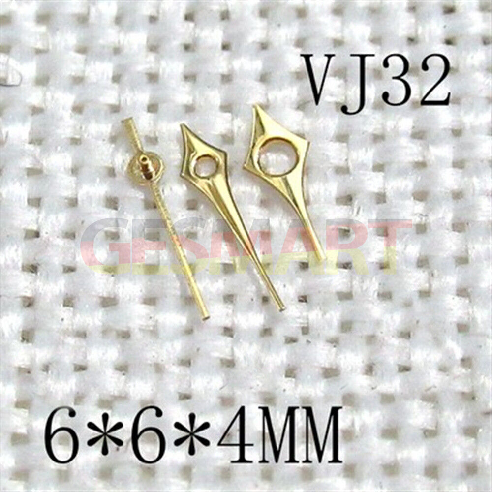Golden 7x7x5mm pointed 3 hands set for Hattori Epson VJ32 watch, precise time display accessory.