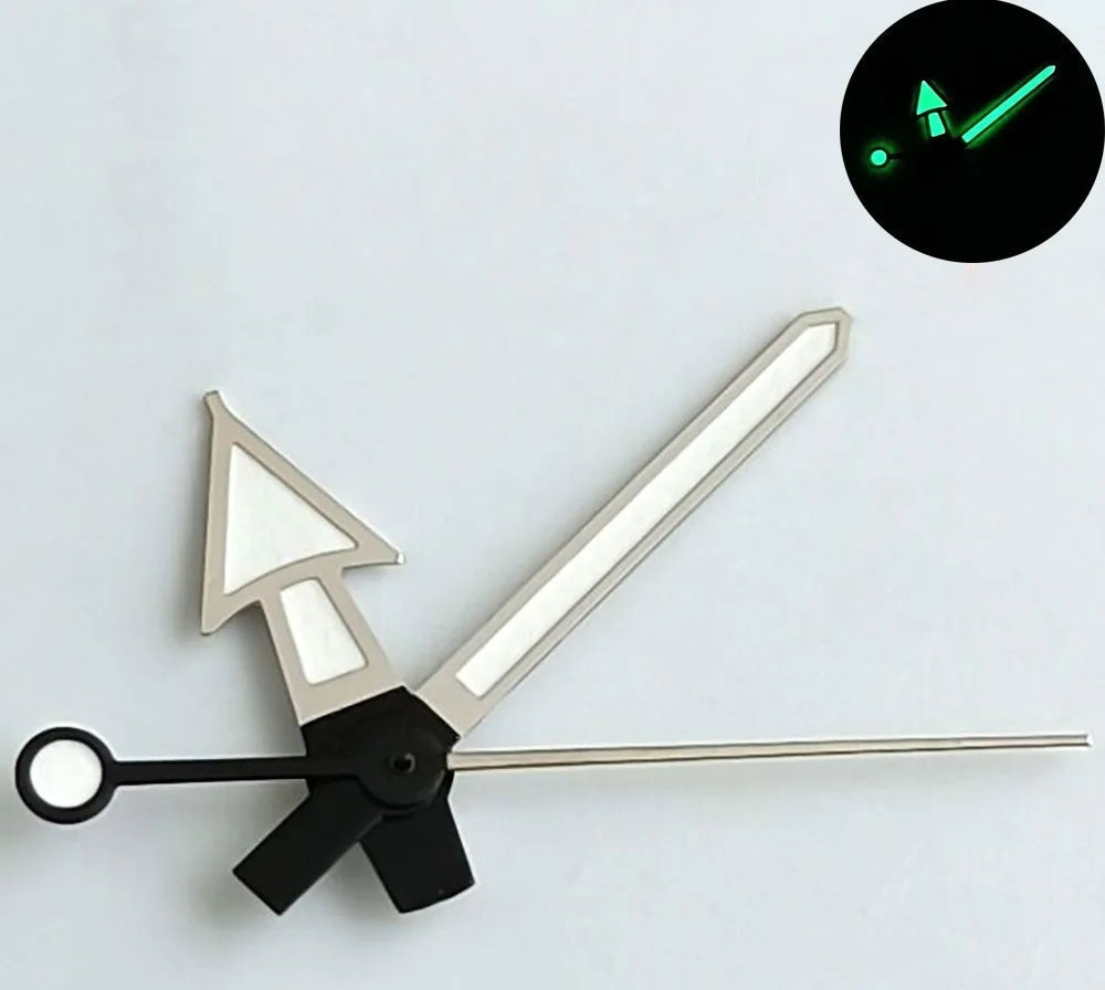 White painted watch hands with green lume and grey trim for NH35, NH36, NH70, NH72 movements.