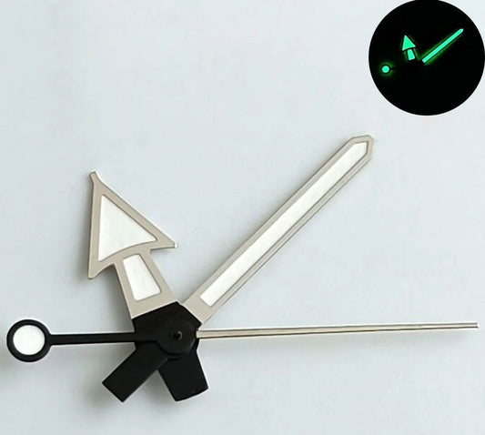 White painted watch hands with green lume and grey trim for NH35, NH36, NH70, NH72 movements.