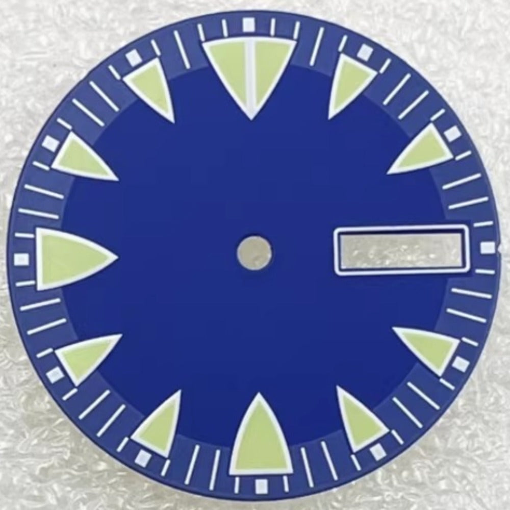 Blue 28.5mm diving watch dial with green lume, compatible with NH36 movement, enhanced night visibility.