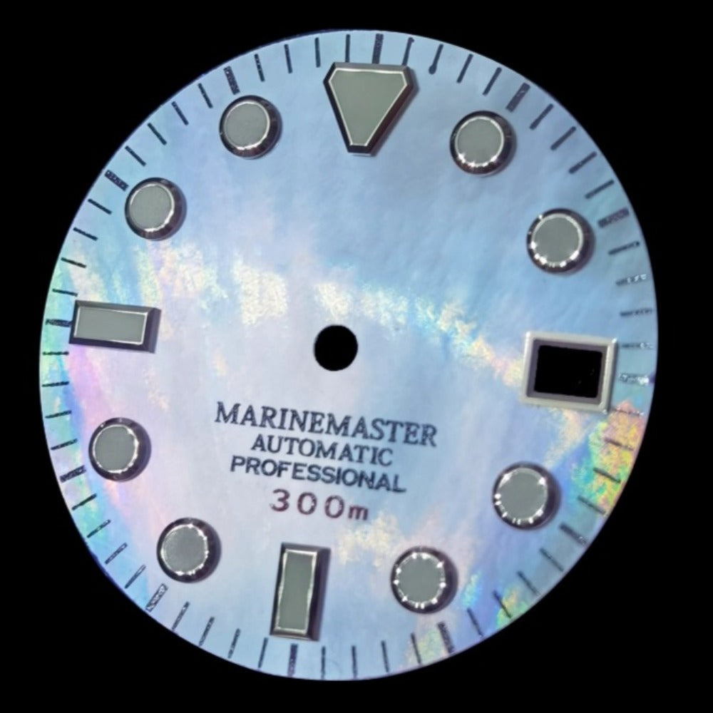 Gradual Blue 28.5mm watch dial with blue lume, natural seashell vein design, compatible with NH35 movement.