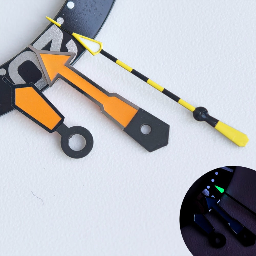 Dark grey and orange watch hands with yellow second hand and green lume for NH35/36.