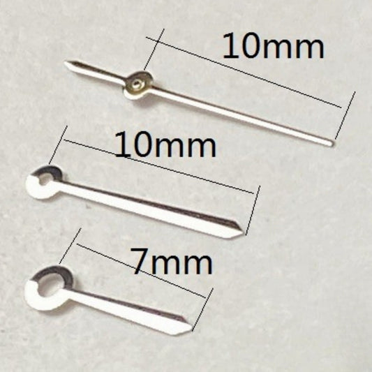 No Lume silver watch hands set for Ronda 515 quartz movement, 10x10x7mm precision fit.