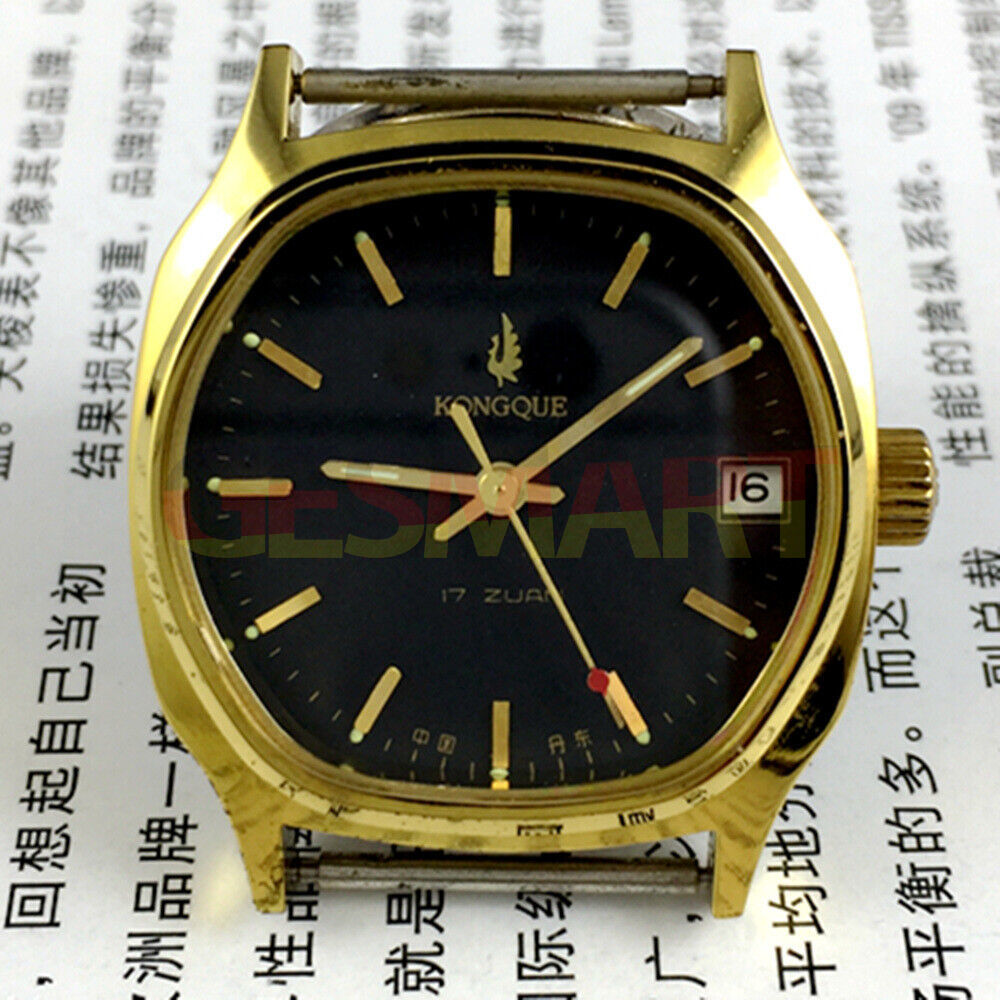 34mm Kongque black manual mechanical watch with single calendar, 17 jewels, precision craftsmanship.