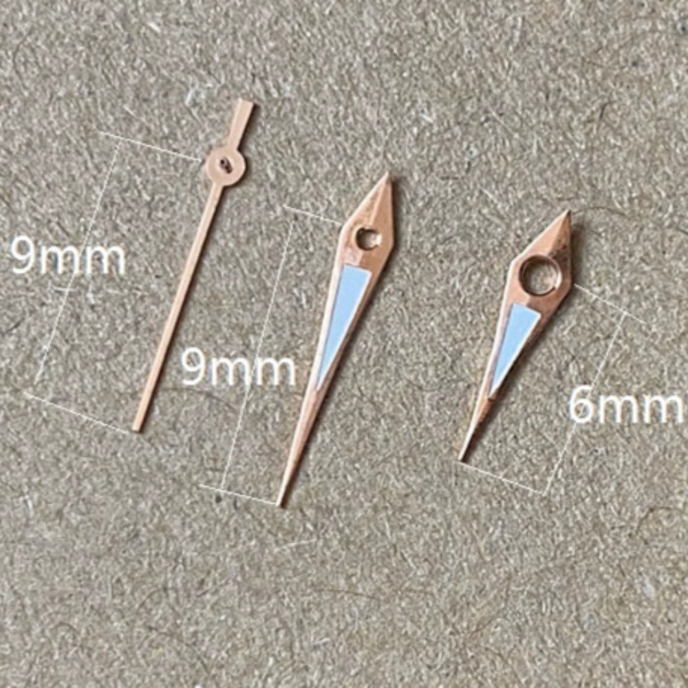 Rose golden arrow-shaped lume watch hands, 9x9x6mm, compatible with Miyota 2035 quartz movement.