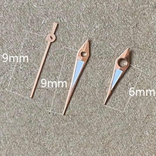Rose golden arrow-shaped lume watch hands, 9x9x6mm, compatible with Miyota 2035 quartz movement.