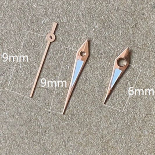 Rose gold arrow-shaped lume watch hands, 9x9x6mm, designed for Miyota 2035 quartz movement.