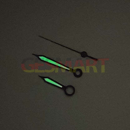 Green luminous watch hands with black trim, compatible with NH35/NH36/4R/7S movements for precise repair.