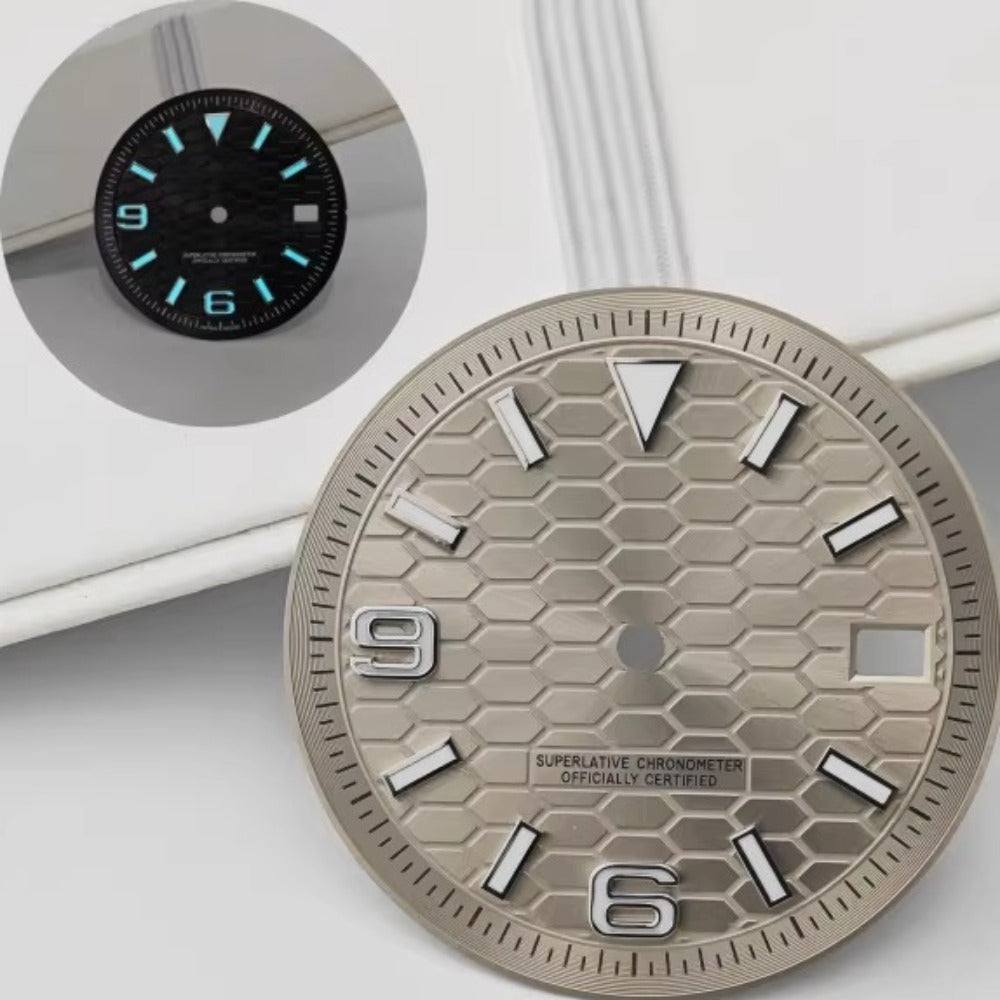 Dark grey 31mm modified honeycomb vein diving watch dial for NH35 NH36 movements, no logo.