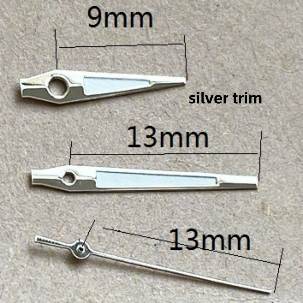 Silver trim green lume watch hands set, 13x13x9mm, compatible with Ronda 515 quartz movement, precision design.