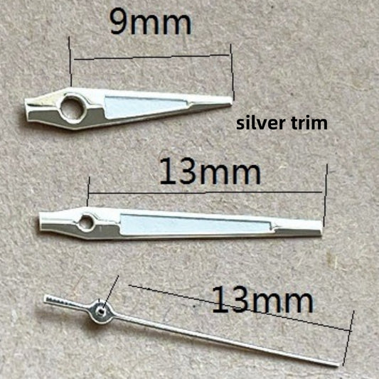 Silver trim green lume watch hands set, 13x13x9mm, compatible with Ronda 515 quartz movement, precision design.