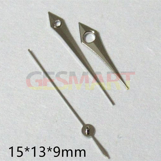 15mm silver arrow pointed watch hands set compatible with Miyota 2035 and related movements, brand included.