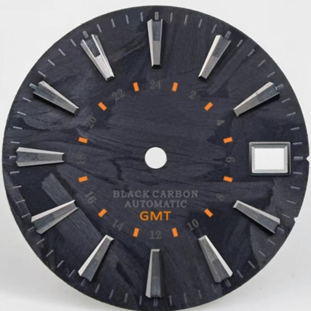 Trapezoid orange font GMT watch dial 28.5mm carbon fiber with lume for NH34/35