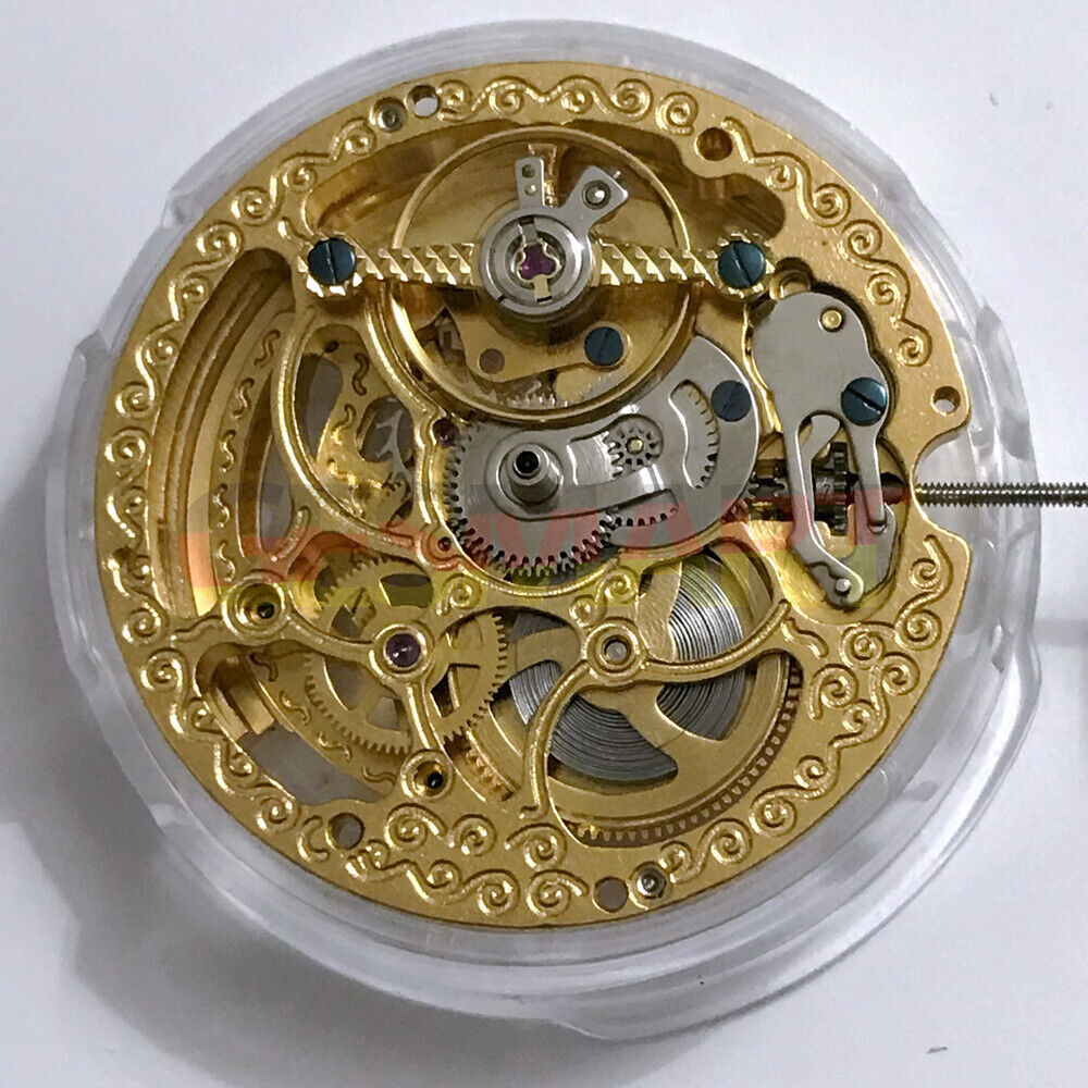 China Made hollow carved watch with automatic mechanical movement, 3 hands, bare balance at 12 o'clock.