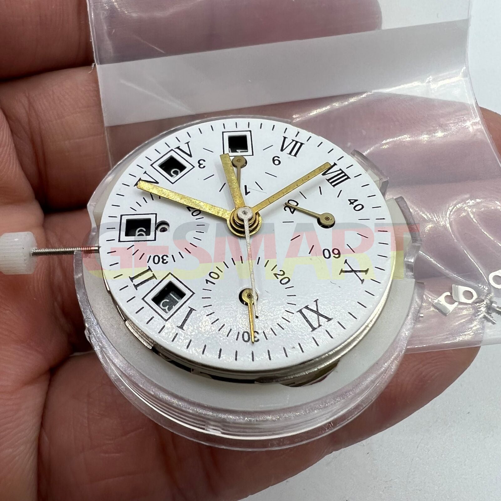 Black dial chronograph watch with ETA 7750 movement, single calendar, sleek design.