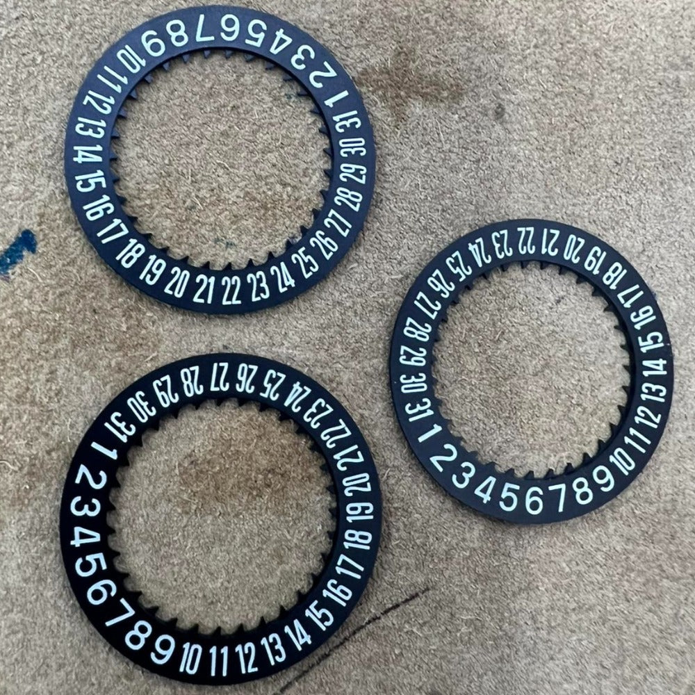 Set of 3 black date disk wheels for NH35 NH34 NH36 watch movements, date display at 6 o'clock.