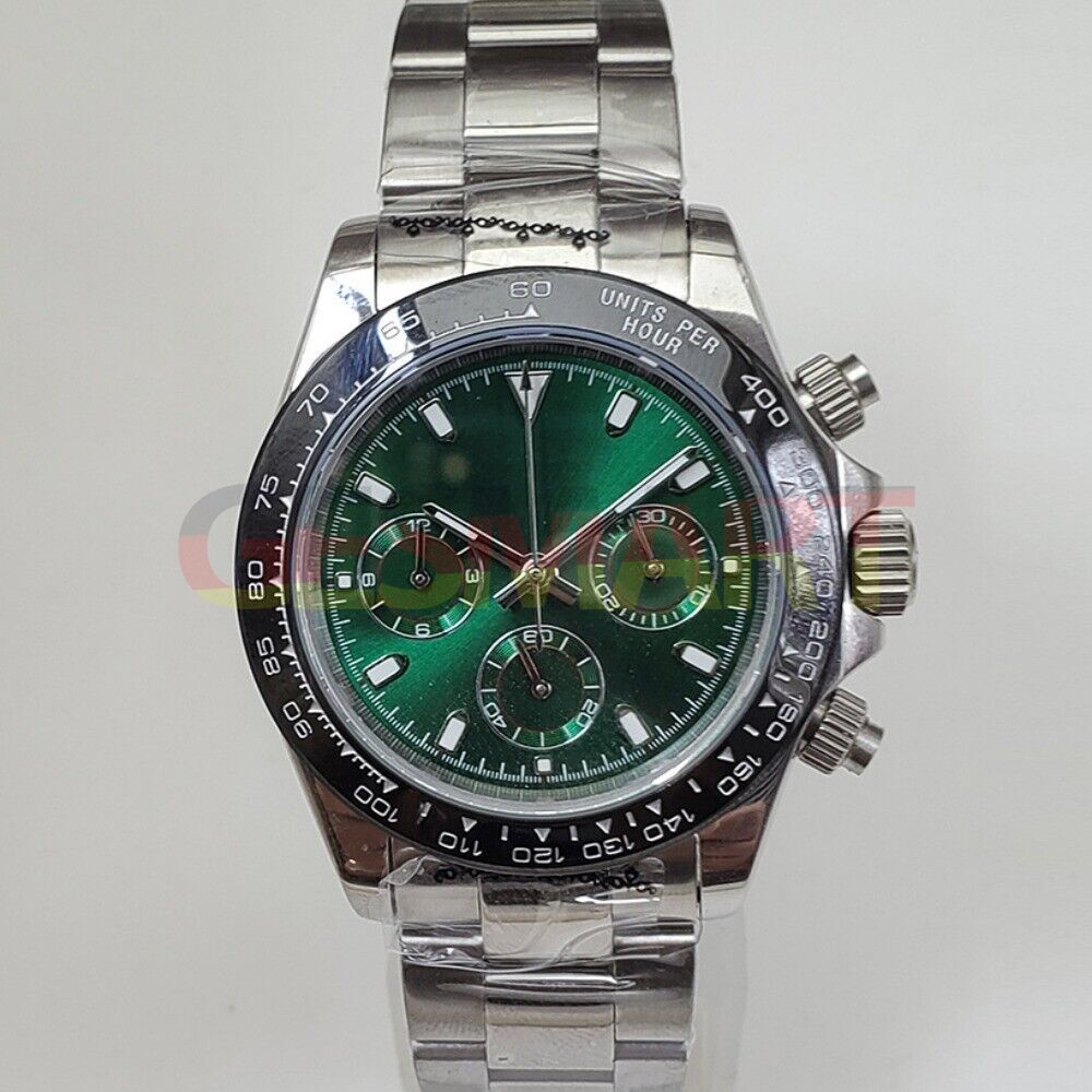 39mm stainless steel VK63 chronograph watch with green dial and scratch-resistant sapphire glass.