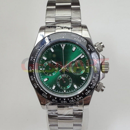 39mm stainless steel VK63 chronograph watch with green dial and scratch-resistant sapphire glass.