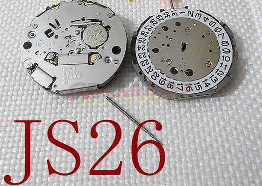 Miyota JS26 Japan Quartz watch movement with small second at 6, 9, and date display at 3, precise timekeeping.