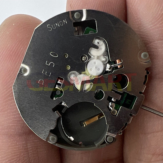 Sunon PE50 quartz watch movement with date at 3 and small seconds at 2, 6, and 10 positions