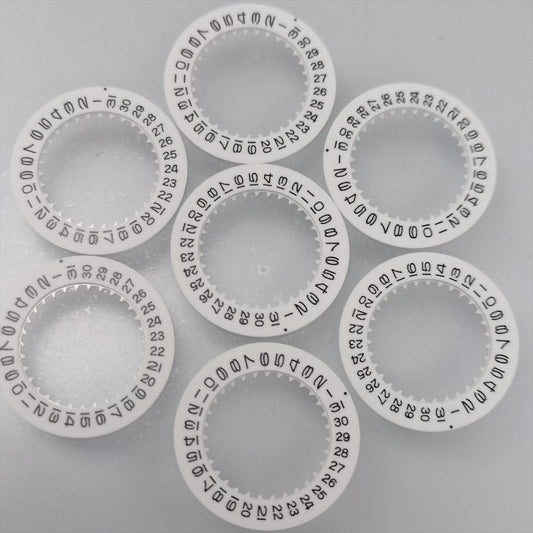 Set of 3 white date disks for Miyota 6T15/6T51 watch movements, date at 3 o'clock position.