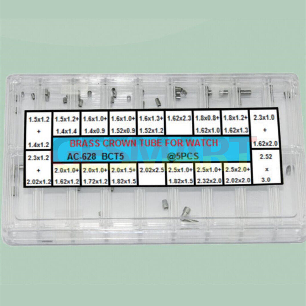 Brass silver watch crown tube kit with 90 pieces in 18 sizes for precise watch repair.