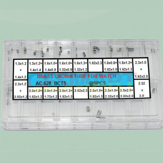 Brass silver watch crown tube kit with 90 pieces in 18 sizes for precise watch repair.