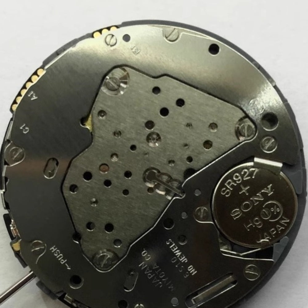Black disk date watch part with Miyota 6S10 quartz movement, ideal for precision repairs.