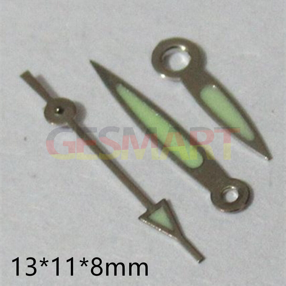 Pointed green luminous 13mm watch hands set for Miyota 2035 series, enhancing night visibility and style.