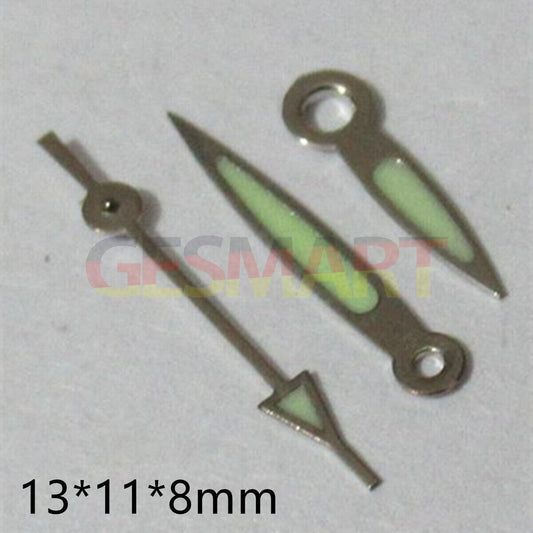 Pointed green luminous 13mm watch hands set for Miyota 2035 series, enhancing night visibility and style.
