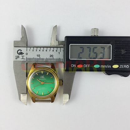 27mm China-made Lady Manual Mechanical Watch, dark green dial, golden nail hands, 17 jewels