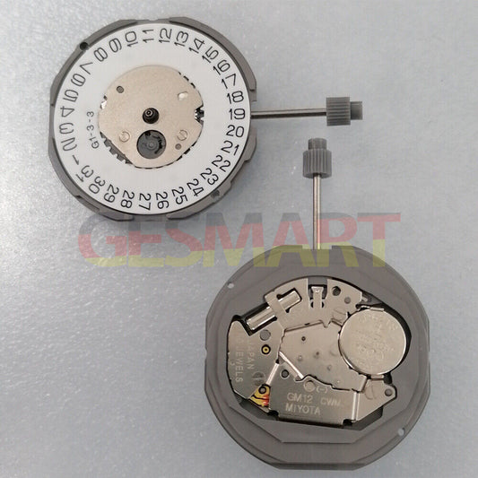 Miyota GM12 quartz movement with date display at 3 o'clock, precision Japan-made component.