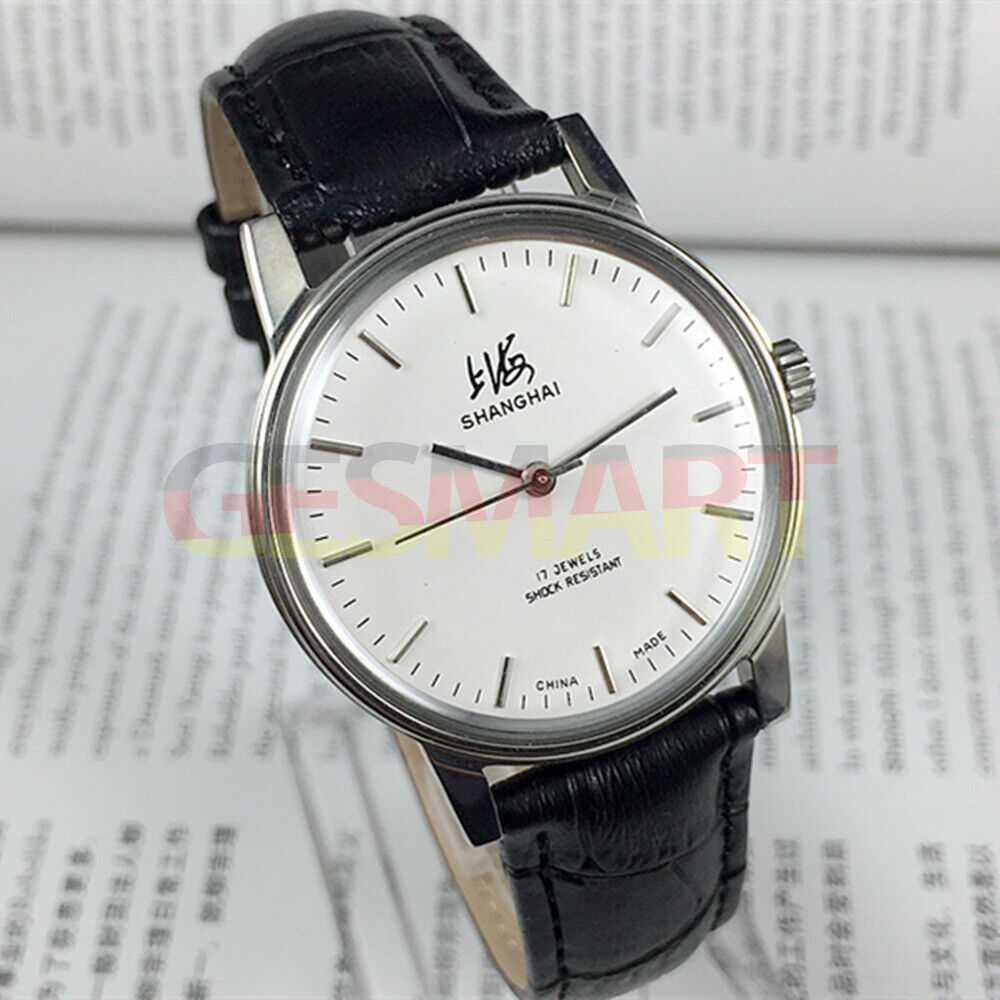 Shanghai 36mm manual mechanical watch 8120 with white dial, 17 jewels, showcasing classic Chinese craftsmanship by Shanghai.