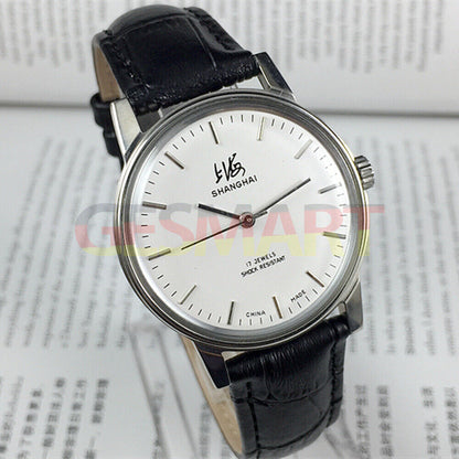 Shanghai 36mm manual mechanical watch 8120 with white dial, 17 jewels, showcasing classic Chinese craftsmanship by Shanghai.