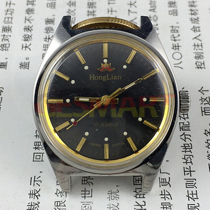 HONGLIAN 32mm manual mechanical watch with black dial, gold markers, 17 jewels for accurate timekeeping