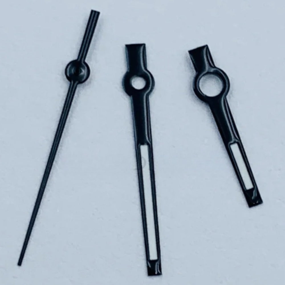 Black Trim Lume Watch Hands Set 8x12x12.5mm for NH34 NH35 NH36 NH38 NH39 movements, brand precision fit.