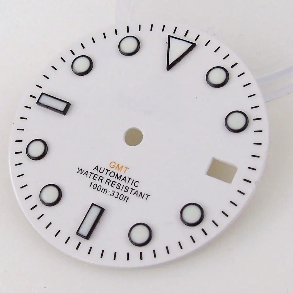 Nologo Sterile 29mm white NH34A watch dial for diver GMT mod, black edge markers, orange hands.