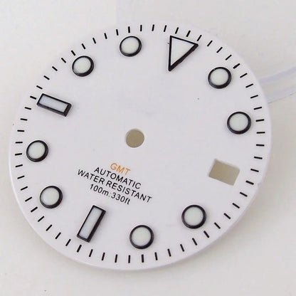 Nologo Sterile 29mm white NH34A watch dial for diver GMT mod, black edge markers, orange hands.