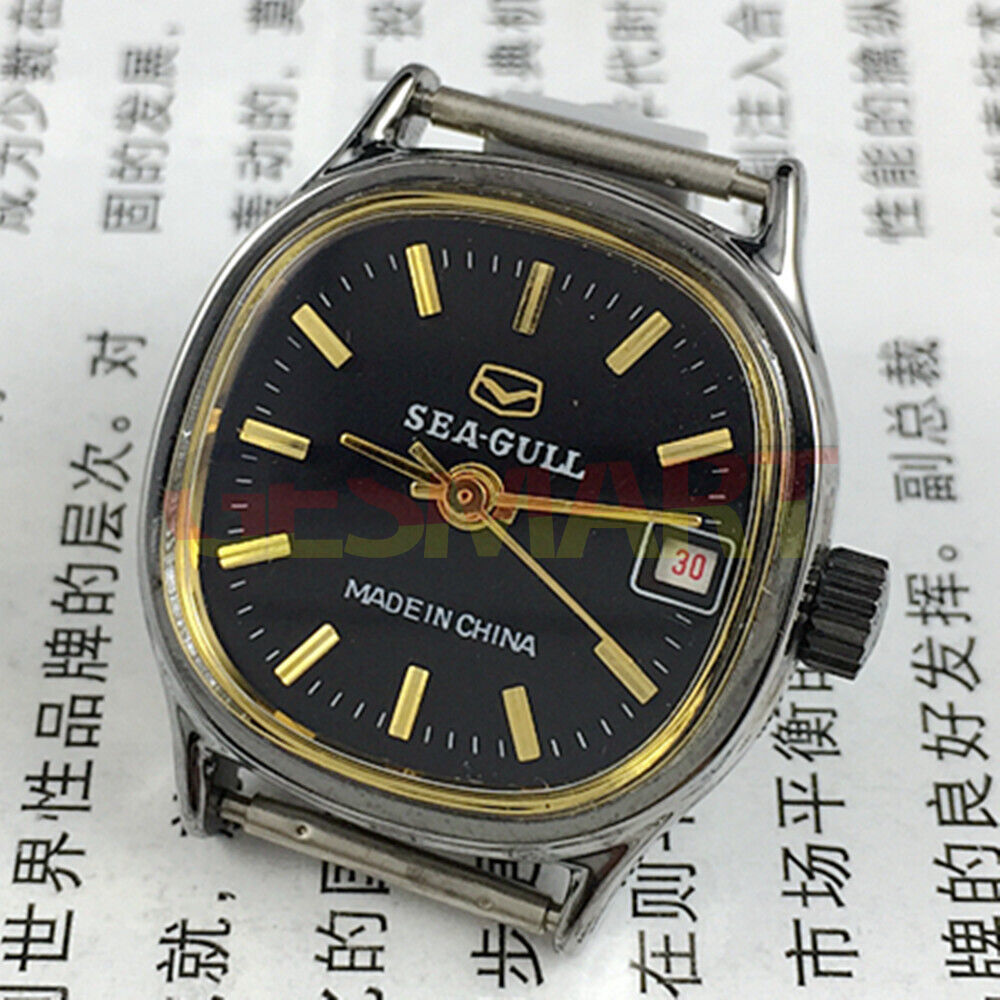 Seagull 26mm black square case ladies watch with manual mechanical movement and single calendar display.