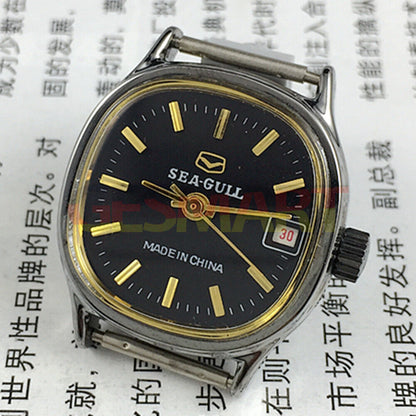 Seagull 26mm black square case ladies watch with manual mechanical movement and single calendar display.