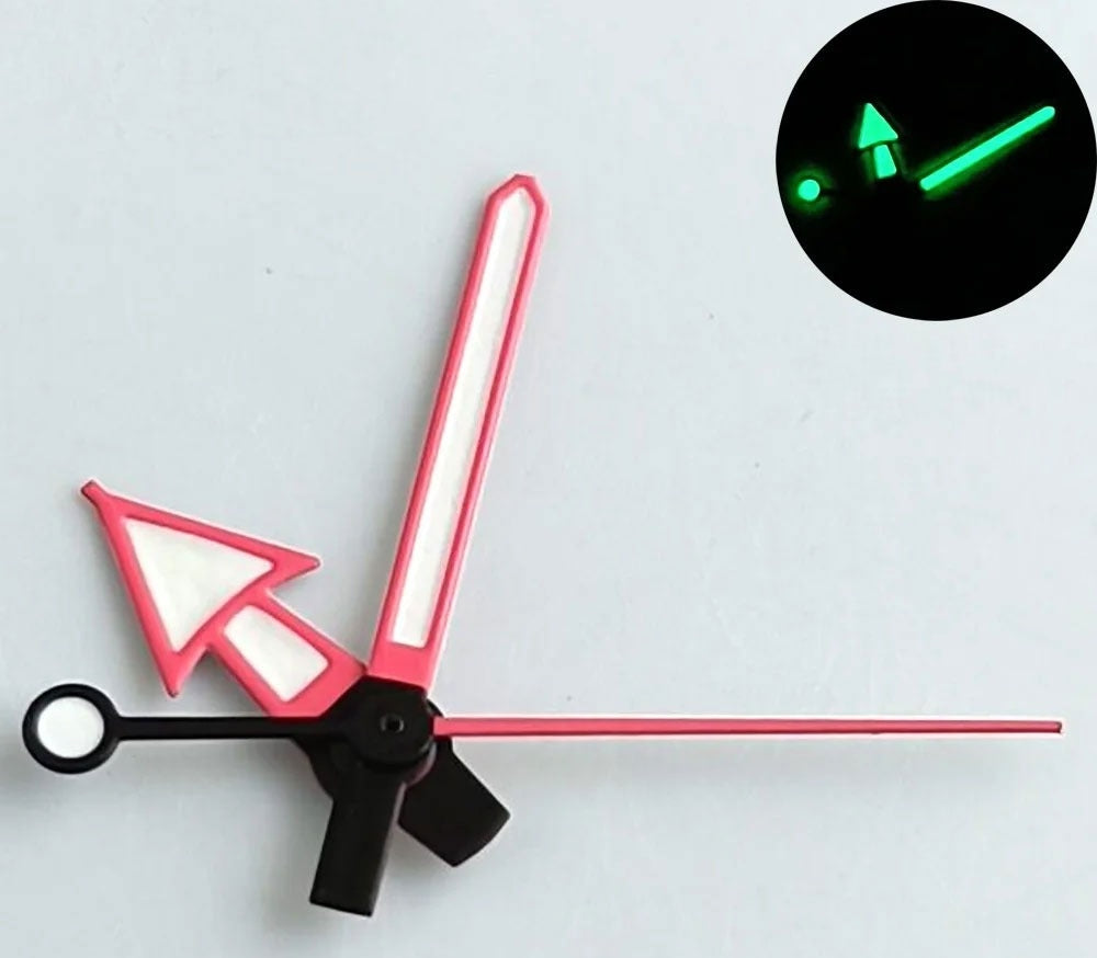 Green lume arrow-shaped watch hands with red trim, compatible with NH35, NH36, 7S26, NH70, NH72 movements.
