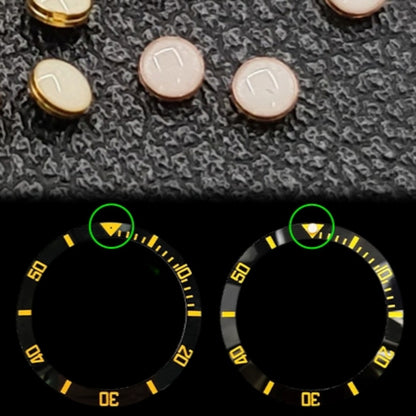 Set of 4 rose gold luminous bezel pips, 2.3x0.4mm, green lume, compatible with RLX Submariner watches.
