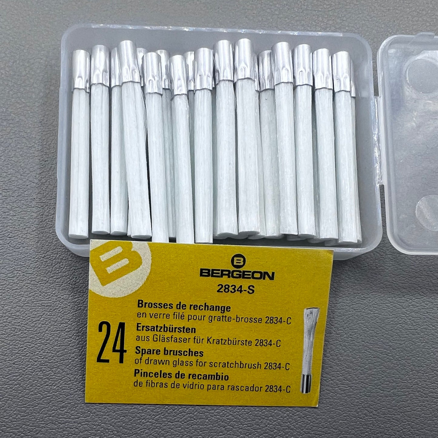 Swiss Bergeon 2834-S glass fibre brush refills pack of 24 for precise watch accessory cleaning.