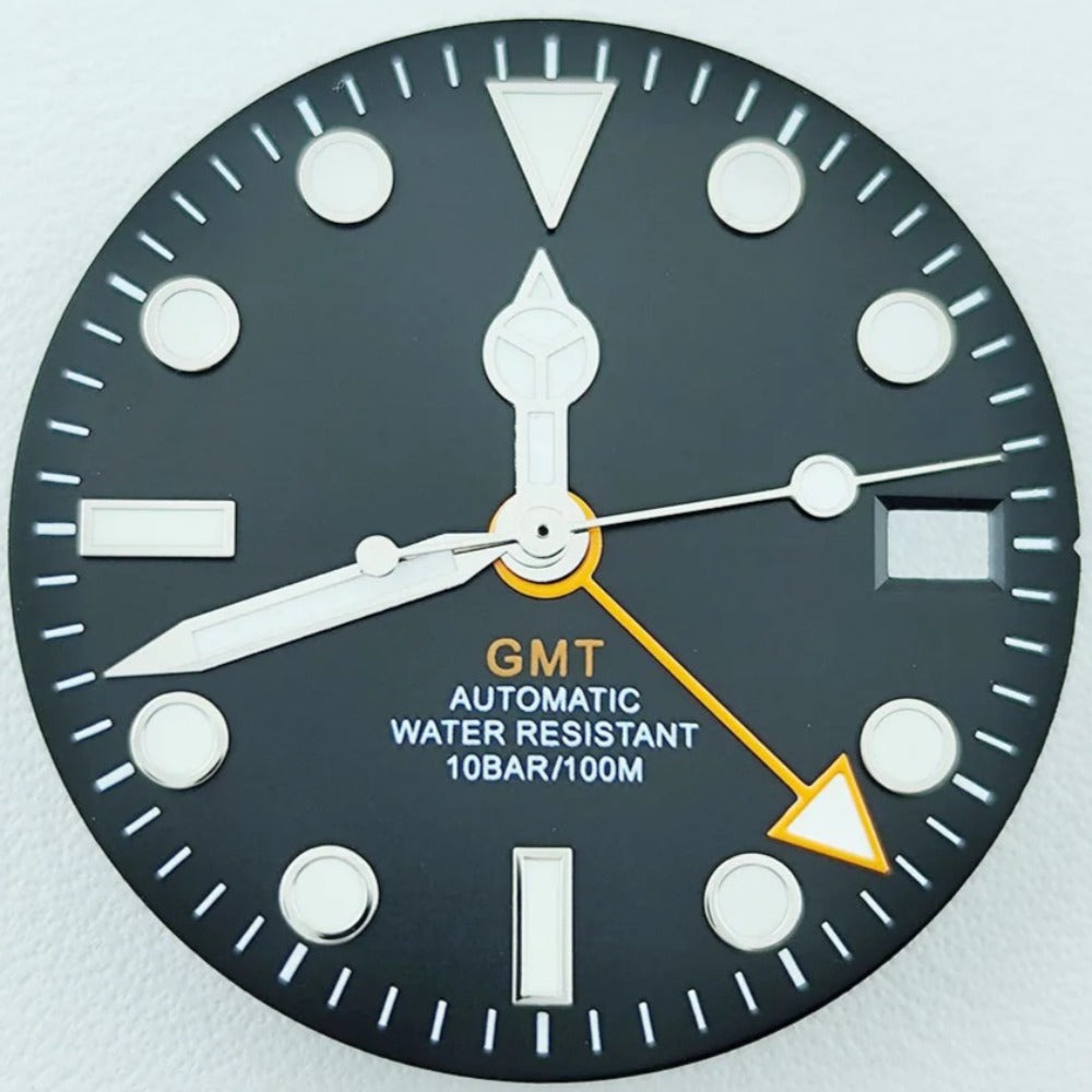 Black 28.5mm Silver Trim Orange GMT Hand Lume Watch Dial with Hands for NH34