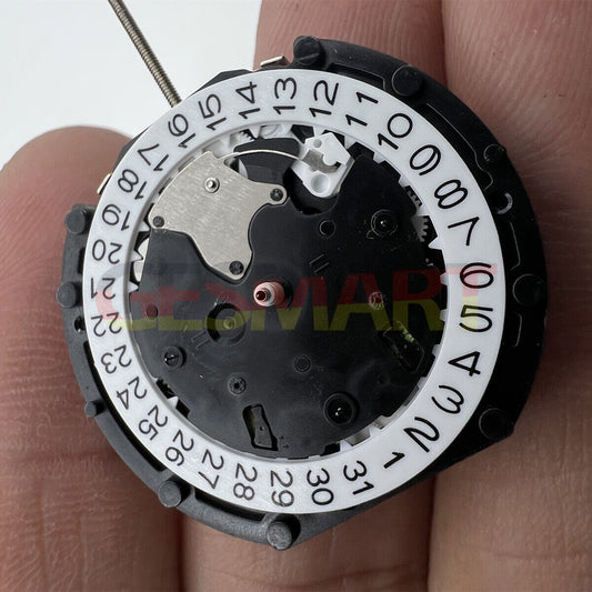 Sunon PE90 quartz watch movement with 3 hands and small seconds at 6, 9, and 12 o'clock positions