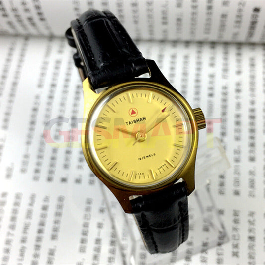 China Liaocheng TAISHAN manual mechanical lady watch with 19 jewels and golden nail accents, elegant and precise timepiece.