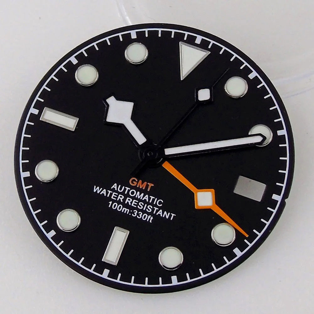 3/3.8 clock Nologo NH34 watch dial, 29mm white and blue steel plate with green luminous snowflake hand for GMT mod