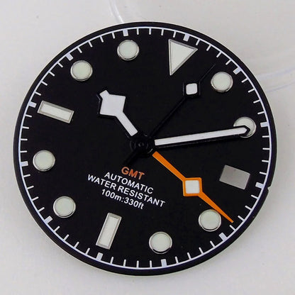 3/3.8 clock Nologo NH34 watch dial, 29mm white and blue steel plate with green luminous snowflake hand for GMT mod
