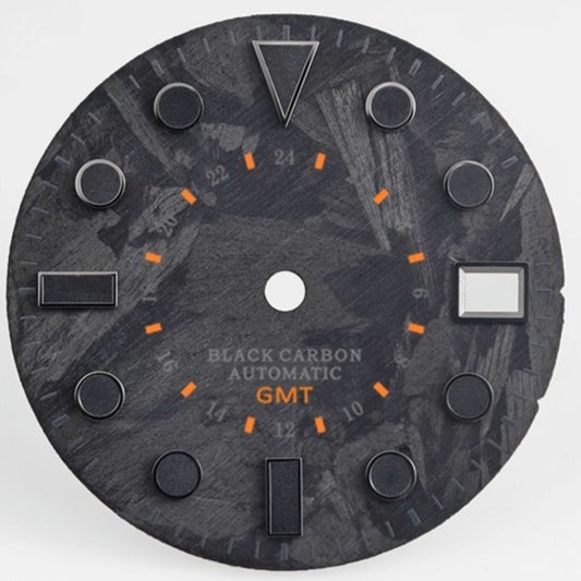 Triangle Nail Orange font GMT watch dial 28.5mm carbon fiber for NH34/35 with luminous markers.