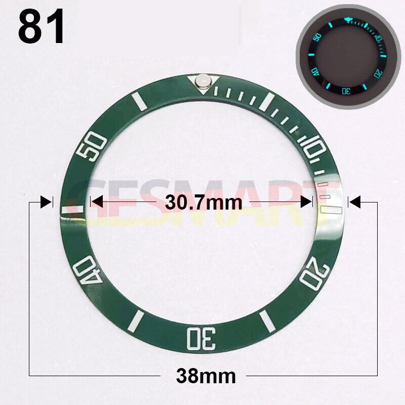 Ceramic 38mm green ring bezel with silver font and blue luminous accents for watch repair.